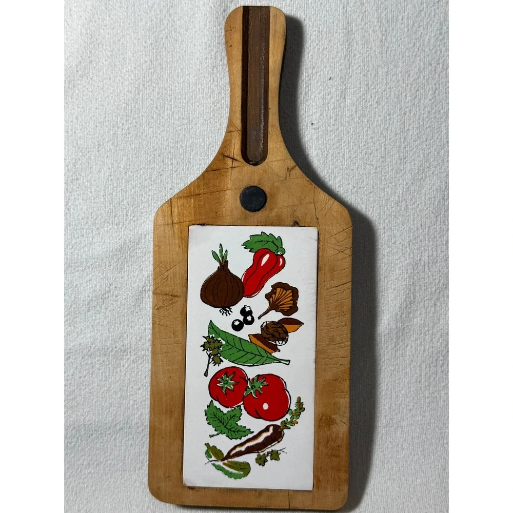 Vintage Nevco Wood Cheese Board Ceramic Tile Vegetable Inlay Japan 12.5 Inch
